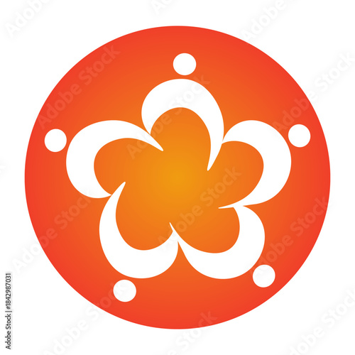 Abstract five-petal flower-like design with figures around the center, symbolizing unity and community, in a vibrant orange circle