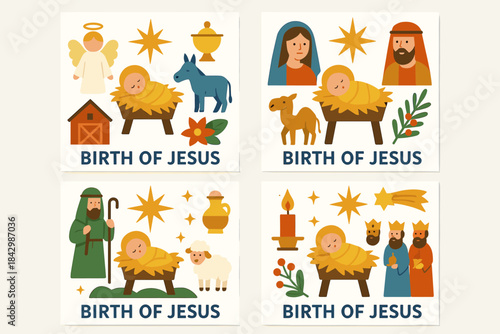 Nativity scene flat icon set. featuring jesus, mary, joseph, shepherd, wise men, angel, donkey, star, lamb, manger