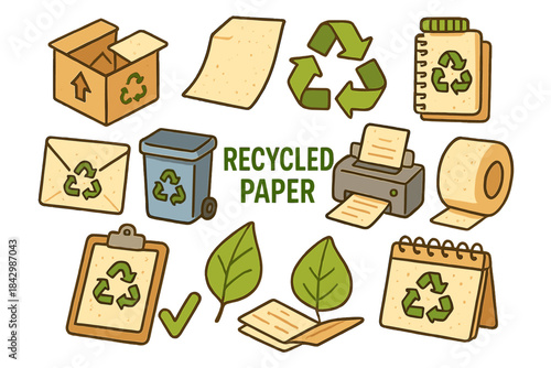 Recycling and paper waste flat icons set. featuring box, sheet, recycling, notebook, envelope, and more