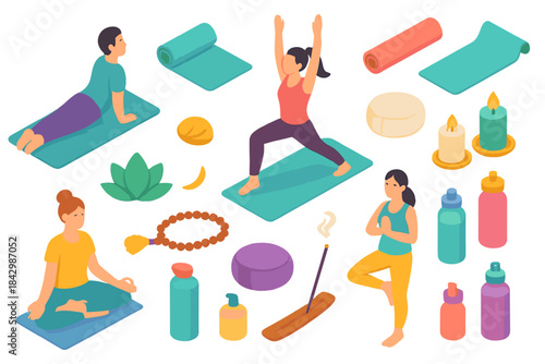 Yoga equipment flat icon set. featuring poses, mat, roller, candles, incense, and water bottles