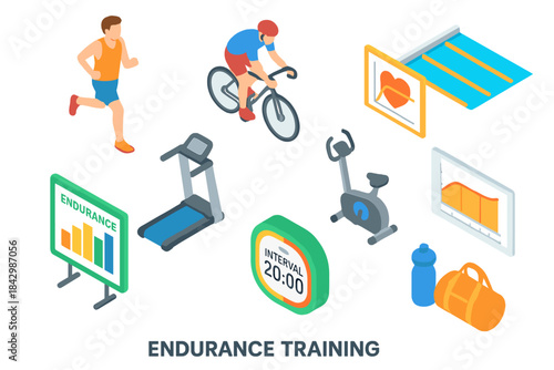 Fitness training isometric icon set. featuring running, cycling, treadmill, chart, stopwatch, and water bottle.