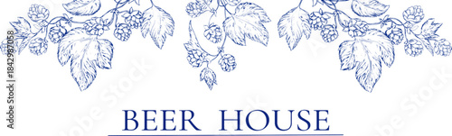 Watercolor banner border background toile de jouy featuring hop branches, cones and leaves, ideal for beer branding, brewing presentations or botanical and floral themed designs. Floral, leaves.