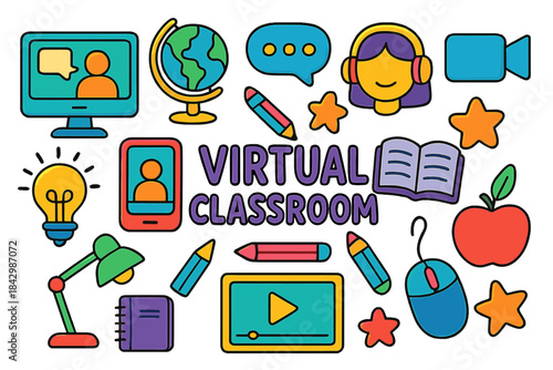 Education flat icon set. featuring computer, globe, chat, student, book, bulb, pen, video, mouse, apple