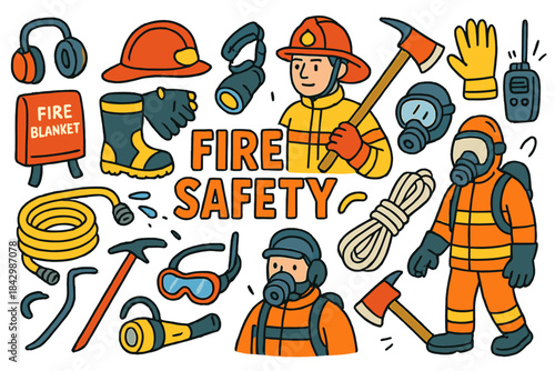 Fire safety flat icon set. featuring helmet, hose, gloves, radio, mask, rope, boots, blanket, suit, axe