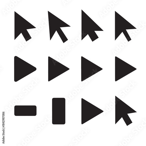 PrSet of Arrow Icons and Media Player Controls. Collection of Different Cursor, Play, Stop, and Pause Symbols.int
