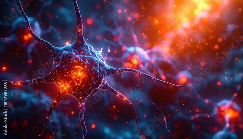 Abstract visualization of a glowing neuron firing signals within a complex biological neural network system
