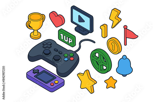Gaming neon icon set. featuring joystick, console, trophy, heart, screen, play button, and flag symbols