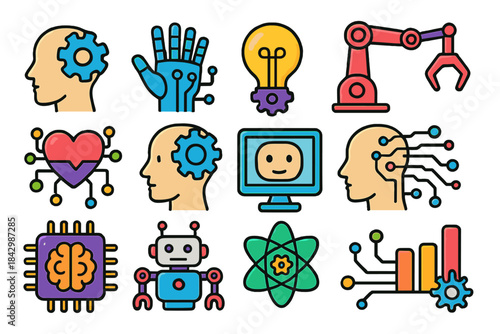 Ai and robotics flat icon set. featuring brain, robot, automation, artificial intelligence, and technology symbols
