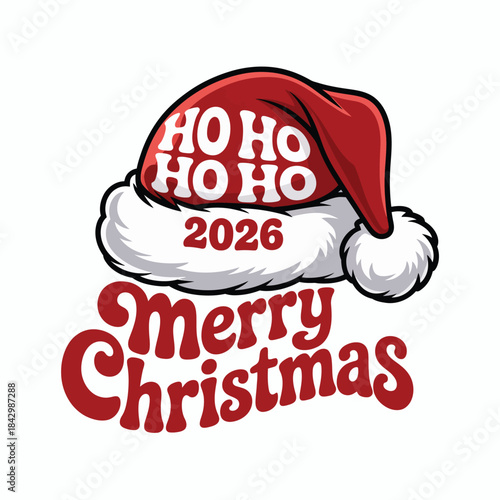 A festive merry christmas 2026 design with santa hat and ho ho ho text