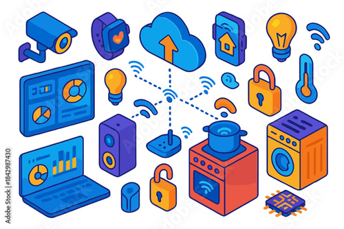 Smart home devices flat icon set. featuring laptop, camera, lock, smartphone, speaker, cloud, thermostat, and light bulb icons