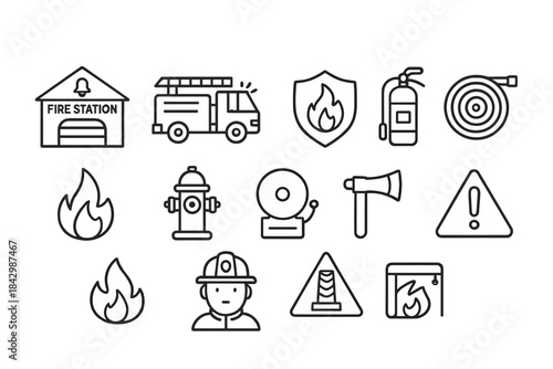 Fire safety linear icon set. featuring fire station, hydrant, extinguisher, alarm, firefighter, and hose symbols