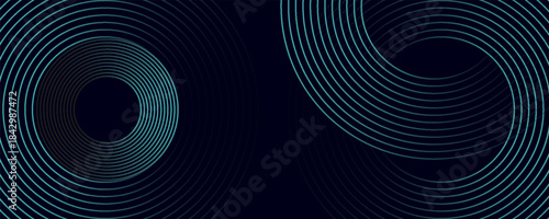Dark blue abstract background with glowing circle lines. Geometric stripe line art design.