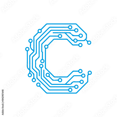A modern vector icon of the letter 'C' in a circuit board style, representing computing, cyber security, data science, and digital connectivity. Available in PNG, JPG, and editable EPS formats