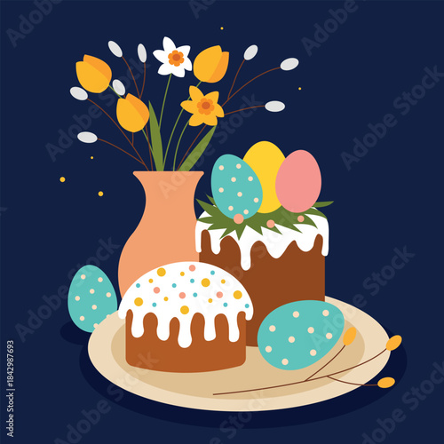 Easter Still Life with Traditional Easter Bread, Painted Eggs and Spring Flowers