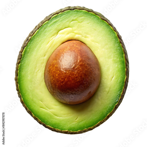 A freshly cut avocado half with a large brown pit in the center isolated on a transparent background