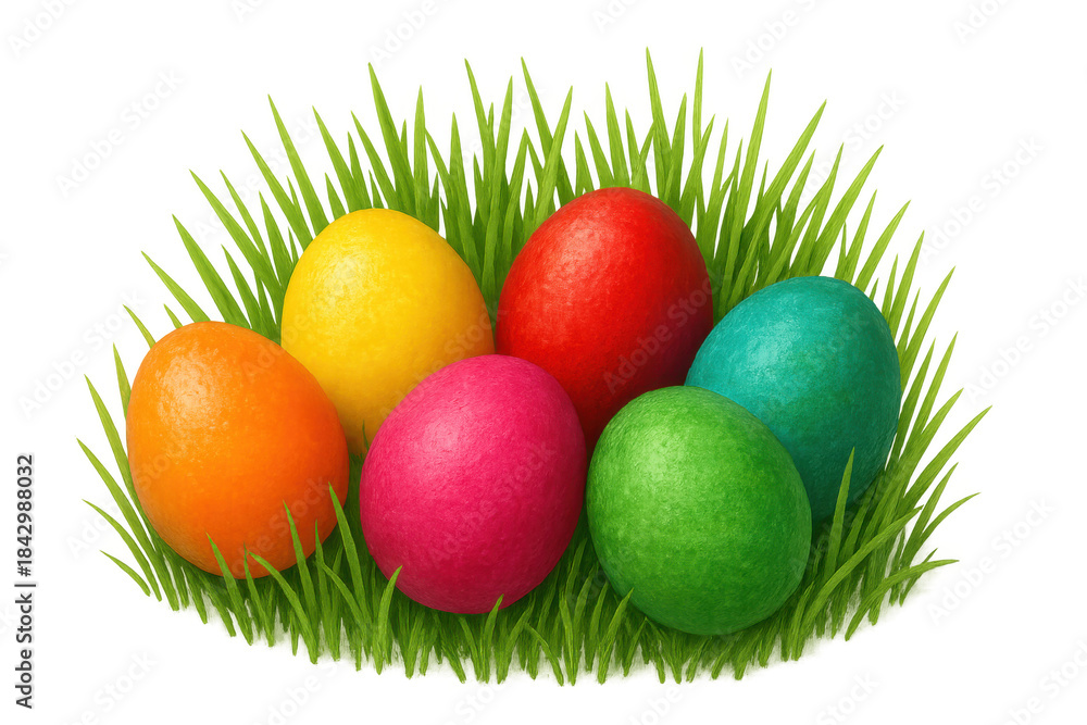 Obraz premium Colorful easter eggs sitting in vibrant green grass, celebrating spring holidays and traditions with a transparent background