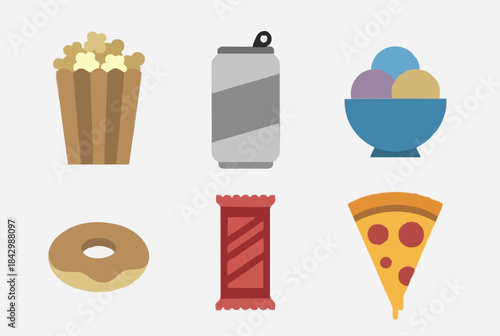 Colorful icons of popular movie snacks and treats