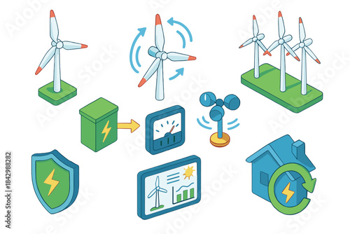 Renewable energy flat icon set. featuring wind turbine, solar power, battery, energy meter, protection, eco-house