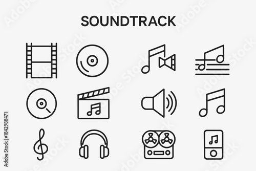 Music equipment linear icon set. featuring film reel, cd, note, trumpet, headphone, audio, cassette, and music player symbols