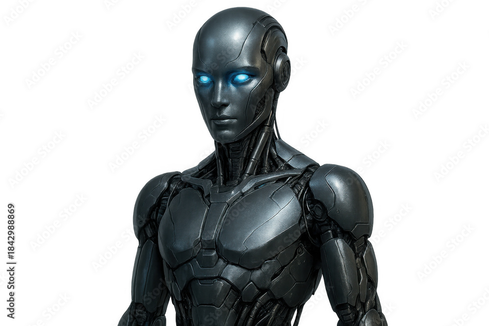 Naklejka premium Advanced humanoid android with glowing blue eyes, representing artificial intelligence and future technology, transparent background