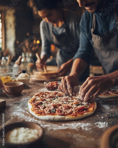 Couple making homemade pizza in a rustic kitchen with warm cinematic lighting.