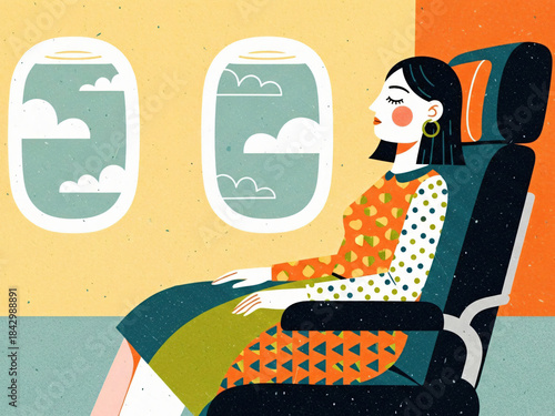 Stylized Woman Sitting by Airplane Window in Flight. Illustrated woman with closed eyes seated on a plane, gazing out at clouds through oval windows, evoking calm travel vibes.