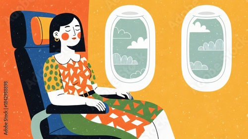 Stylized Woman Sitting by Airplane Window in Flight. Illustrated woman with closed eyes seated on a plane, gazing out at clouds through oval windows, evoking calm travel vibes.
