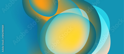 Abstract shapes overlap, creating vibrant gradients. Colors range from orange, yellow, to teal. Smooth transitions define fluid forms.