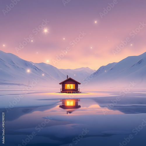 AI Surreal Northern New Year Landscape. A surreal AI-generated winter polar valley with glowing geometric shapes, northern lights reflecting on ice, and a warm wooden cabin.