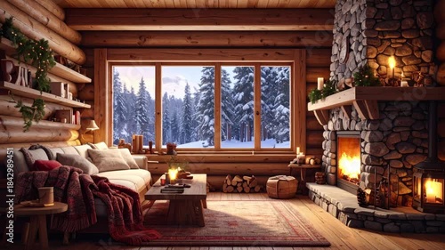 Lo Fi Background of a Cozy Wooden Christmas House with Facade, Fireplace and Snow. Generative AI