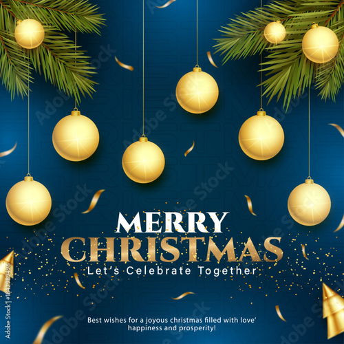 Luxury golden christmas ornaments on dark blue background, Merry christmas and happy new year greeting card design, Elegant winter holiday celebration poster template, Festive gold baubles and pine 