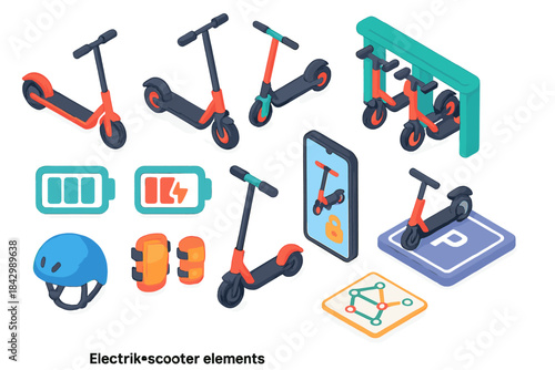 Electric scooter flat icon set. featuring scooter, charging, lock, parking, helmet, and app symbols