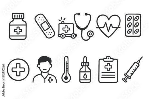 Healthcare linear icon set. featuring medicine, bandage, ambulance, stethoscope, heart, pills, cross, doctor