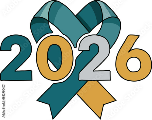 Modern graphic illustration of the year 2026 beautifully integrated with a decorative ribbon in teal and golden colors perfect for upcoming events and celebrations