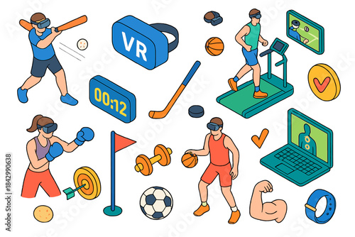 Sports and fitness linear icon set. featuring virtual reality, boxing, running, weightlifting, baseball, and soccer symbols