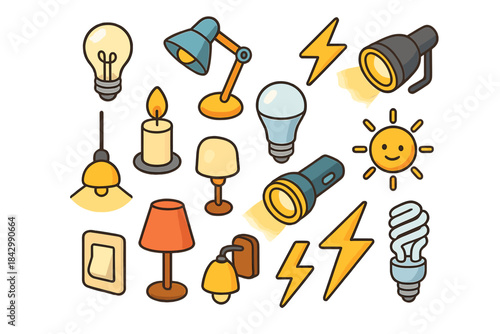 Lighting equipment colored icon set. featuring lamp, bulb, flashlight, chandelier, candle, switch, and sun symbols