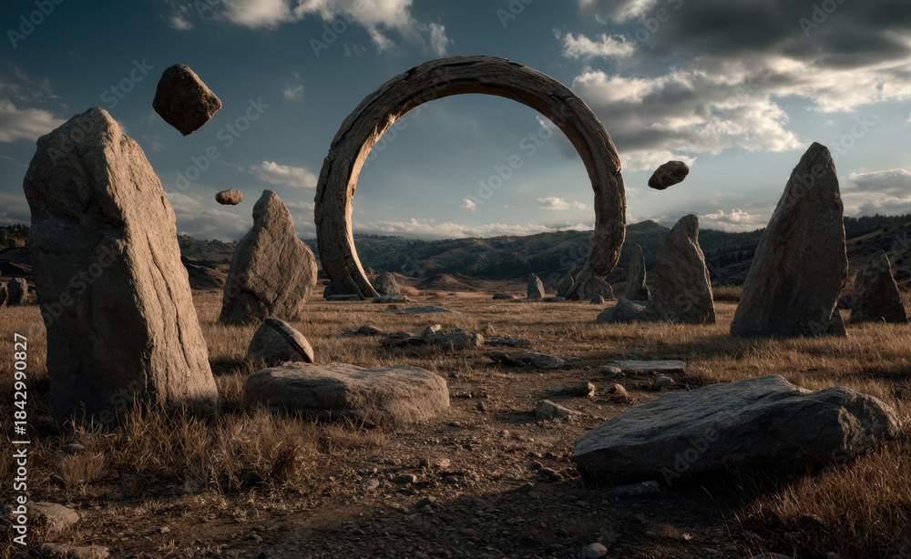 Fototapeta premium Mysterious ancient stone ring stands in windswept plain with levitating rocks, rugged monoliths, dry grass and dramatic cloudy sky creating cinematic mystic atmosphere