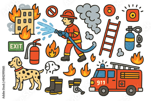 Firefighting flat icon set. featuring hydrant, extinguisher, fire truck, ladder, and rescue gear symbols