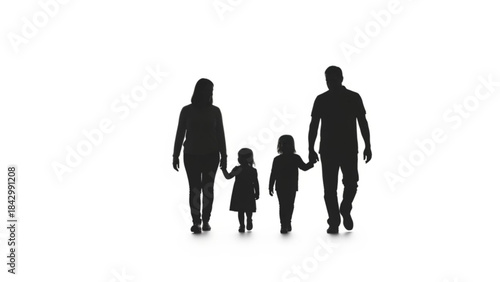 Silhouette of a family with two children walking together
