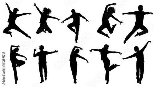 Collection of black silhouettes of dancers in various dynamic poses