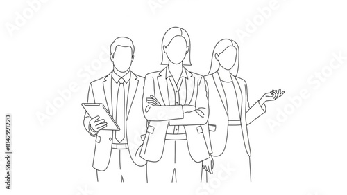 A minimalist line drawing of three business professionals standing together