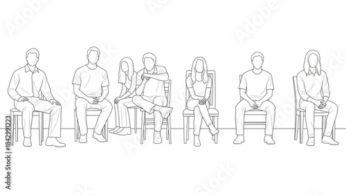 A line drawing of seven people sitting on chairs in a row on
