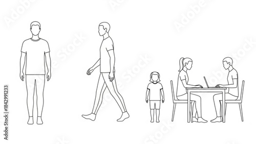 A black and white line drawing of people in various scenes together