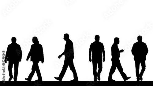 Silhouette of six people walking in a line