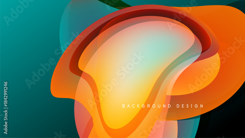Abstract flowing shapes, vibrant colors blend. Orange, red, turquoise create dynamic visual effect. Modern design element.