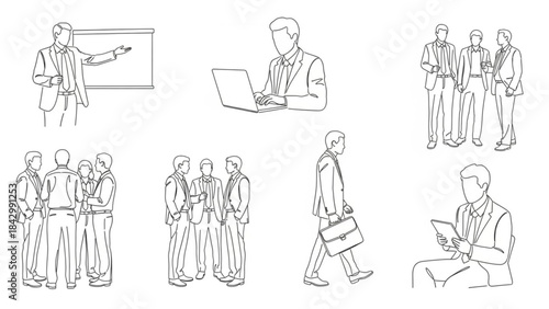 A set of six line drawings depicting business professionals in various workrelated scenarios and activities
