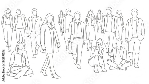 A line drawing illustration of a diverse group of people standing and sitting