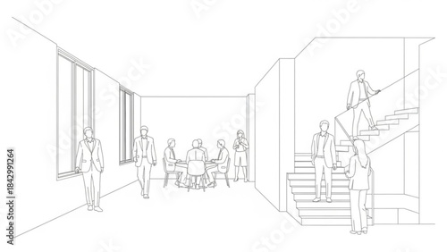 A black and white line drawing of people in an office building interior with stairs