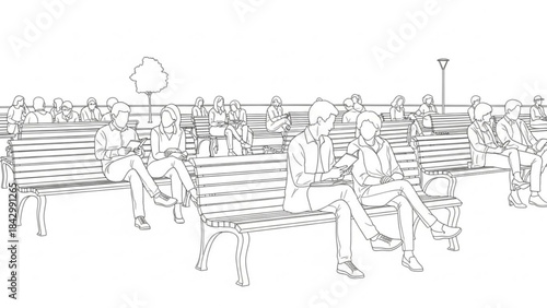 A black and white line drawing of people sitting on benches in a park setting with trees and streetlights