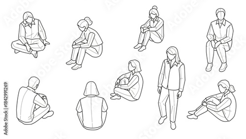 A set of eight line drawings of people in various sitting and standing poses
